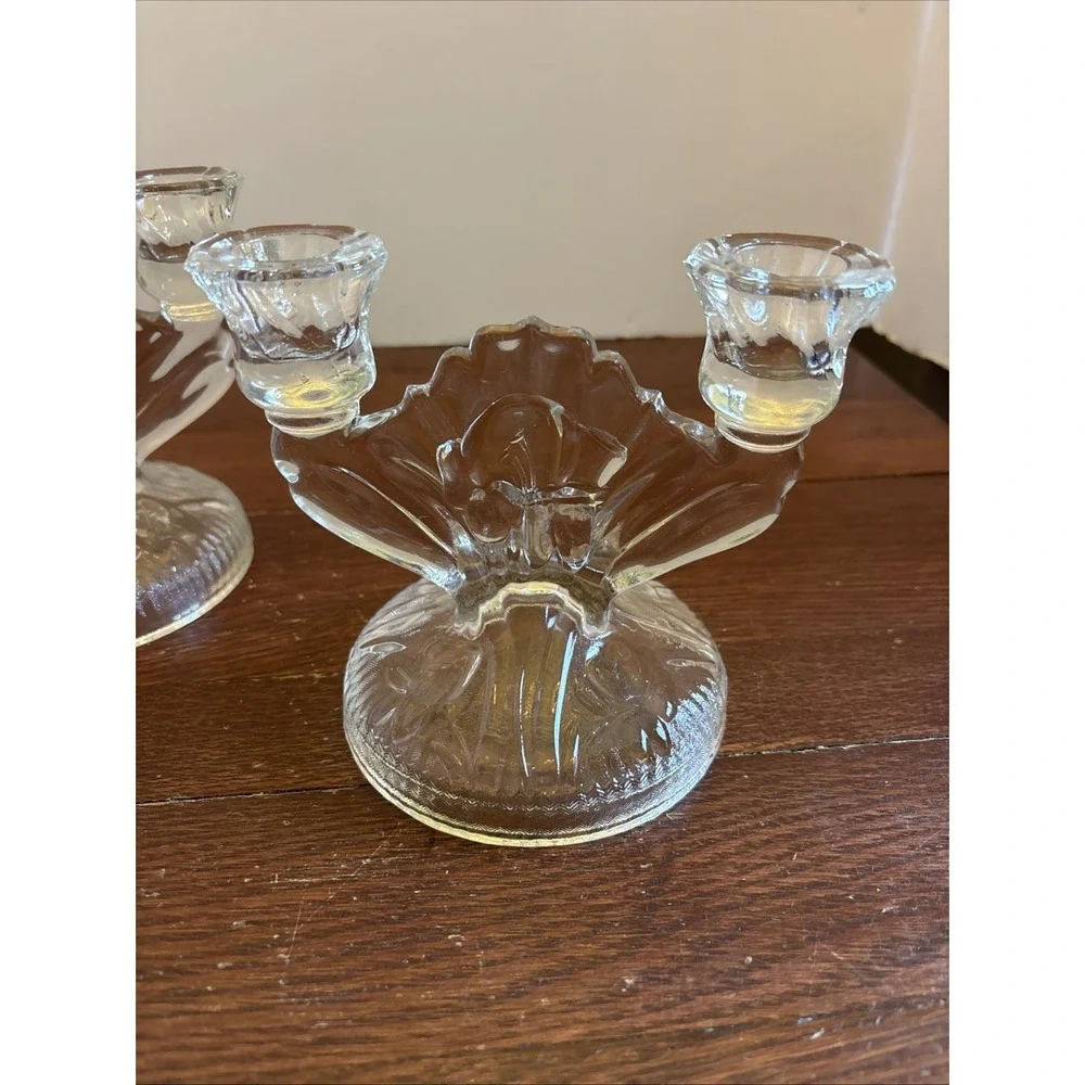 Jeanette Glass Iris and Herringbone‎ Set of 2 Double Candlestick Holders Vintage
